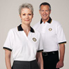 Rotary Ladies' White Polo w/Navy & Gold Stripe Trim