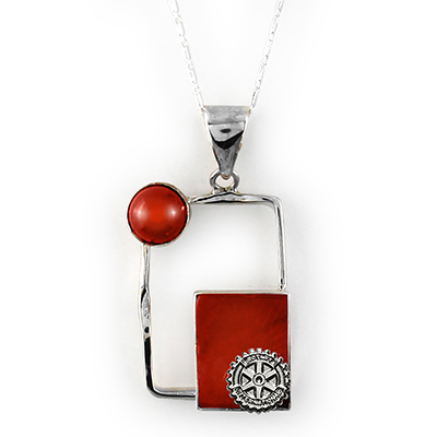 Rotary Red Coral Rectangle Pendant Set in Silver