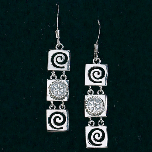 Rotary Rhodium Finished Silver 3 Square Dangle Earrings Rotary Club