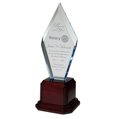 Rotary Blue Zenith Acrylic Award On Rosewood Base