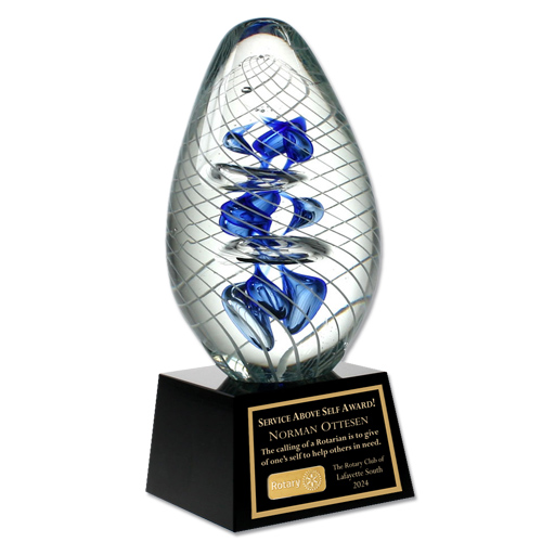 Rotary Art Glass Cyclone Helix Award on Black Marble Base