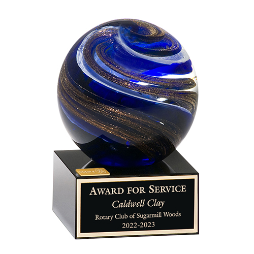 Rotary Metallic Gold & Blue Globe on Black Glass Base