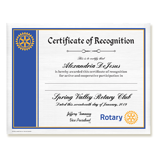 Rotary CUSTOMIZED Certificate Of Recognition
