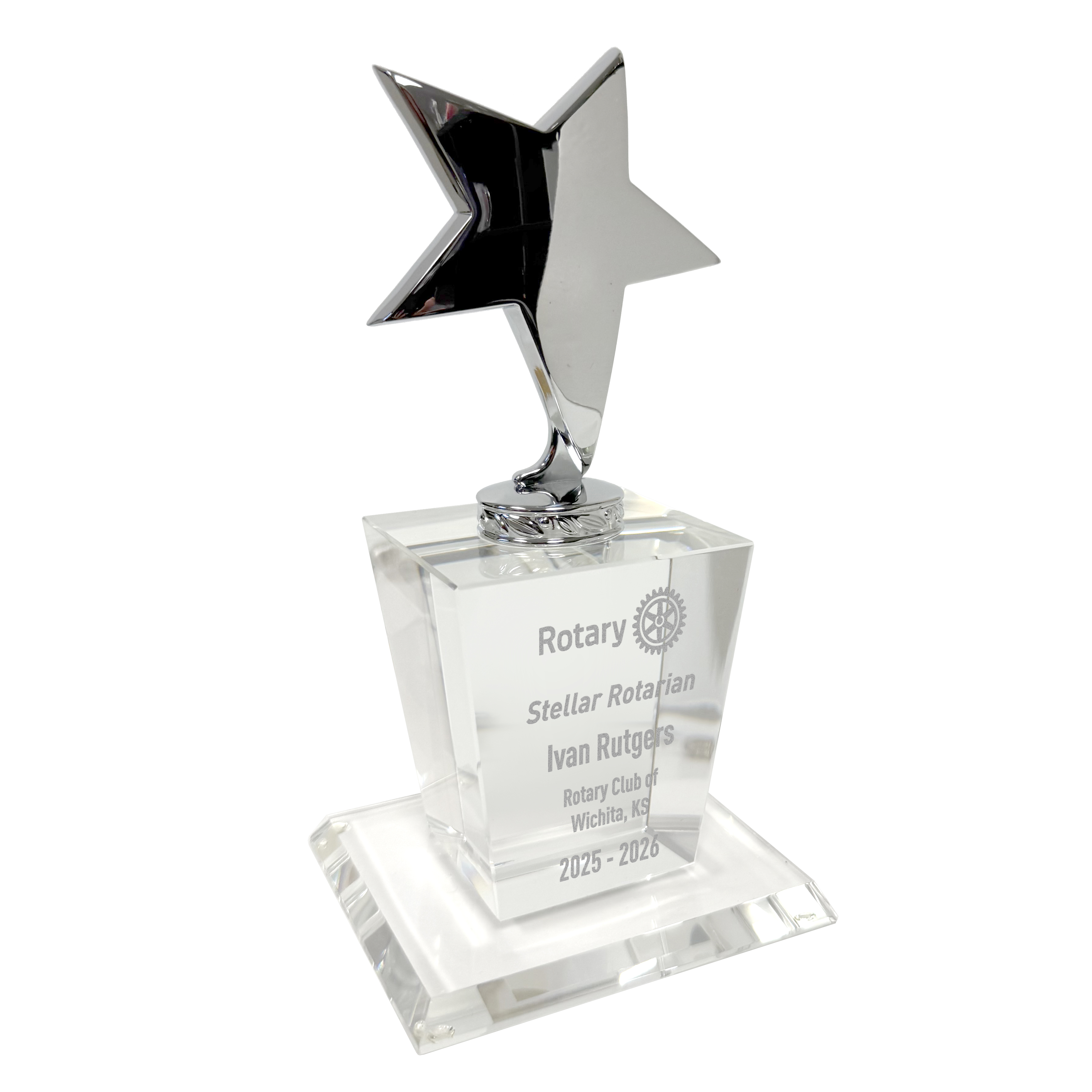 Rotary Silver Star On Glass Base Award