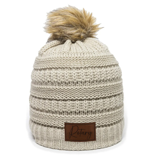 Cable Knit Pom Beanie with Patch