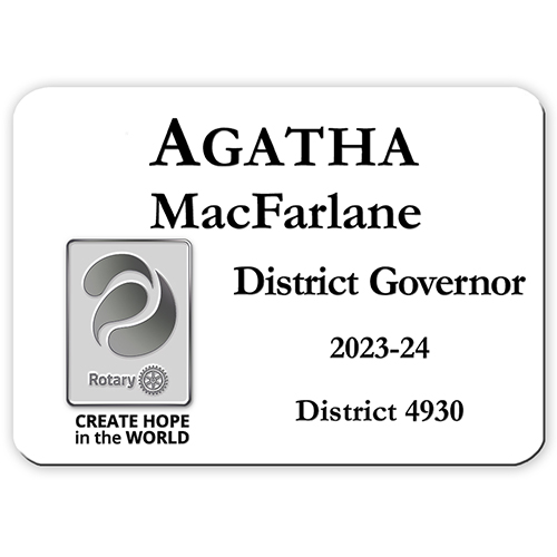 Rotary 2023-24 Theme White Plastic Engraved Badge - 3 1/4 
