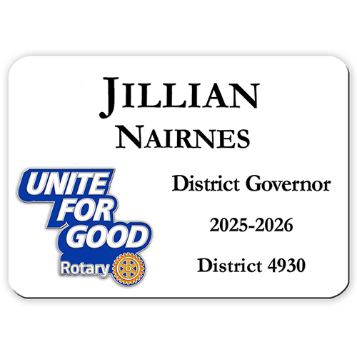 Rotary 2025-26 Message White Plastic Engraved Badge - 3 1/4 